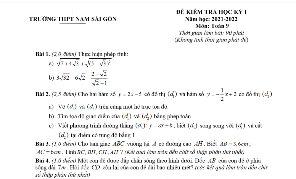 Toán 9: Đề kiểm tra cuối học kì 1. Trường THCS Nam Sài Gòn năm học 2021-2022